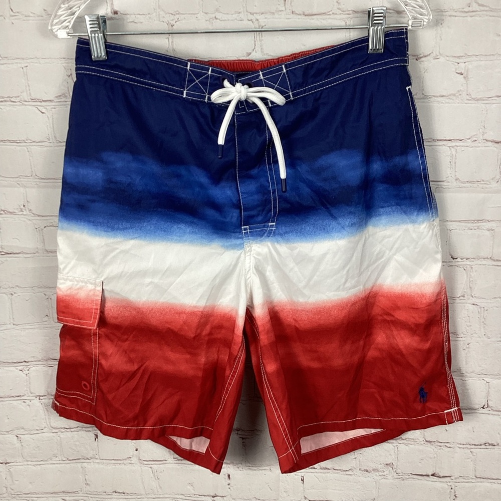 Polo Ralph Lauren Mens Ombre Swim Trunks Size M Red White Blue Tie Pockets Lined - Picture 3 of 15